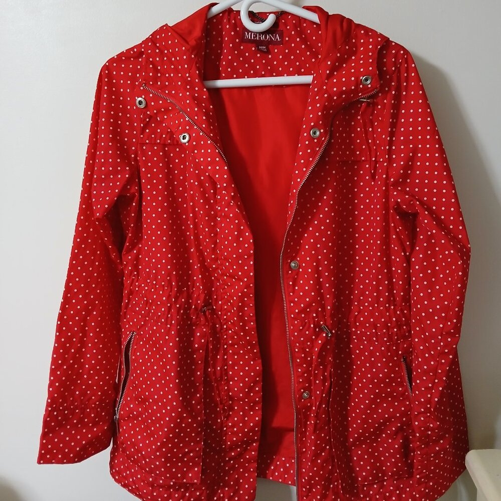 Merona red rain waterproof parka jacket white polka dots M